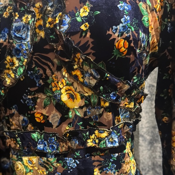 Dalia MacPhee Blue Velvet Floral Dress with Long Sleeves - Picture 3 of 7